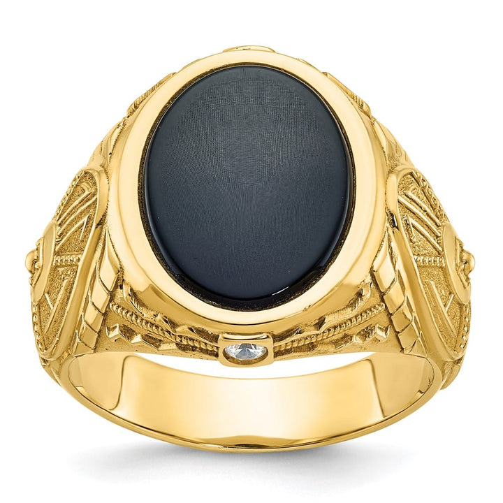 14k Yellow Gold Oval Onyx and 1/10 Carat Diamond Men's Ring