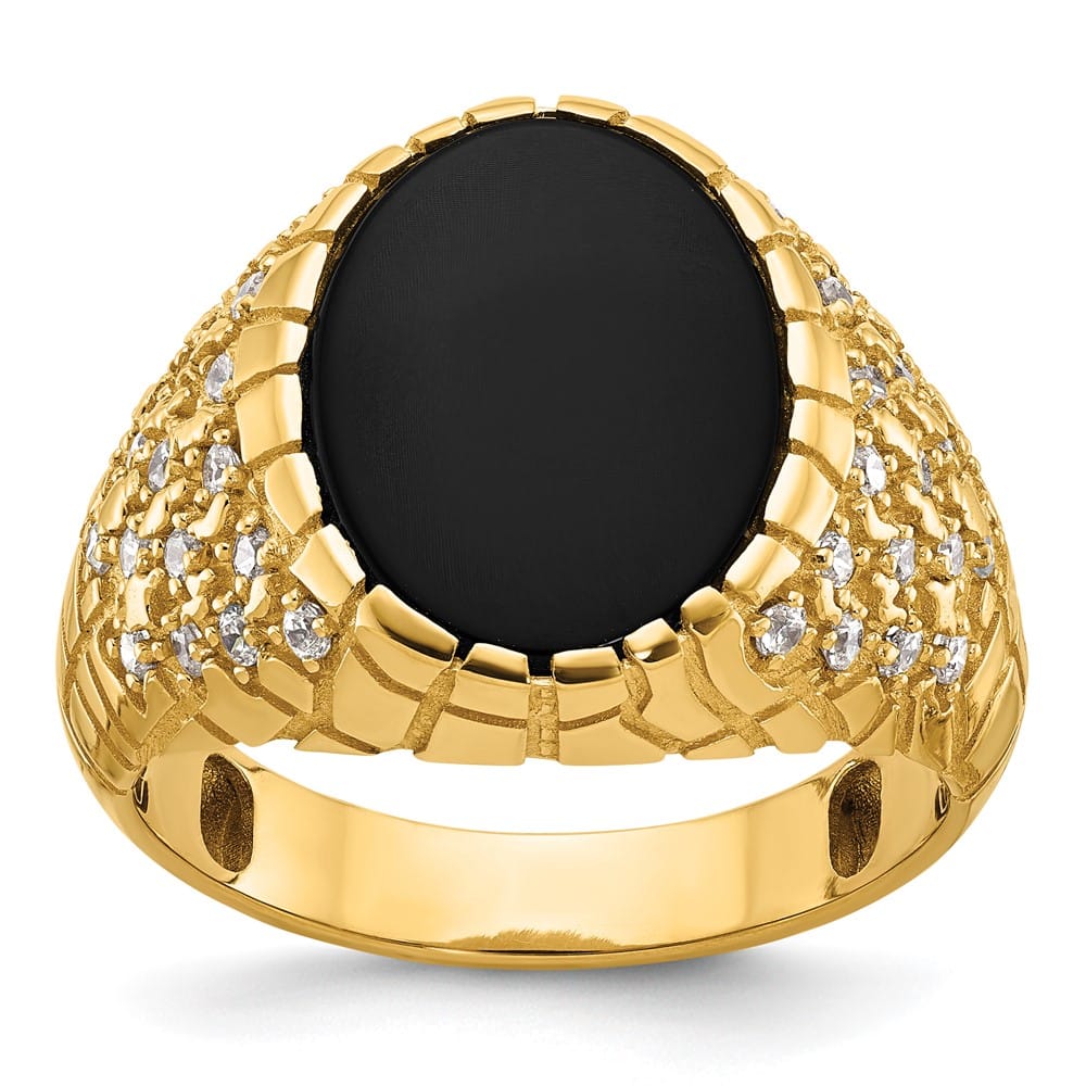 14k Yellow Gold Oval Onyx and 1/2 Carat Diamond Nugget Men's Ring