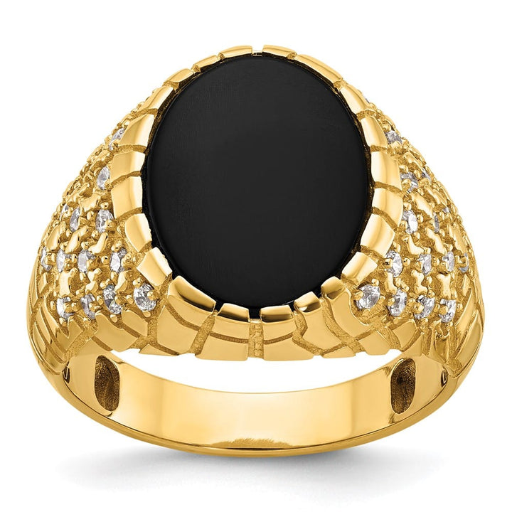 14k Yellow Gold Oval Onyx and 1/2 Carat Diamond Nugget Men's Ring