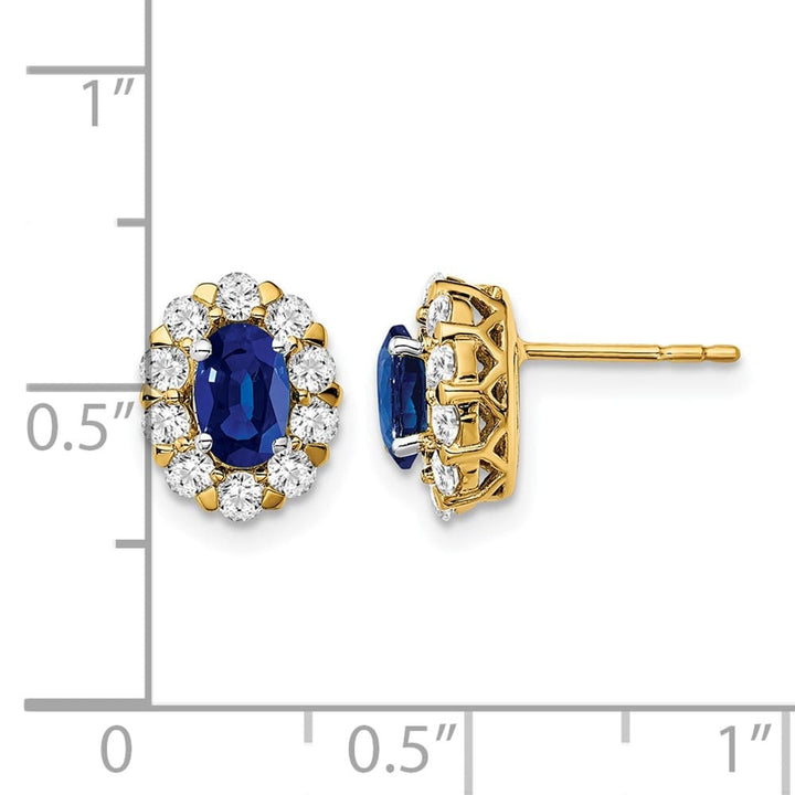 14K Yellow Gold Oval Sapphire and 3/4 carat Diamond Halo Post Earrings, view 4 of 4