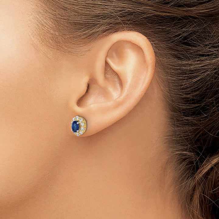 14K Yellow Gold Oval Sapphire and 3/4 carat Diamond Halo Post Earrings, view 3 of 4