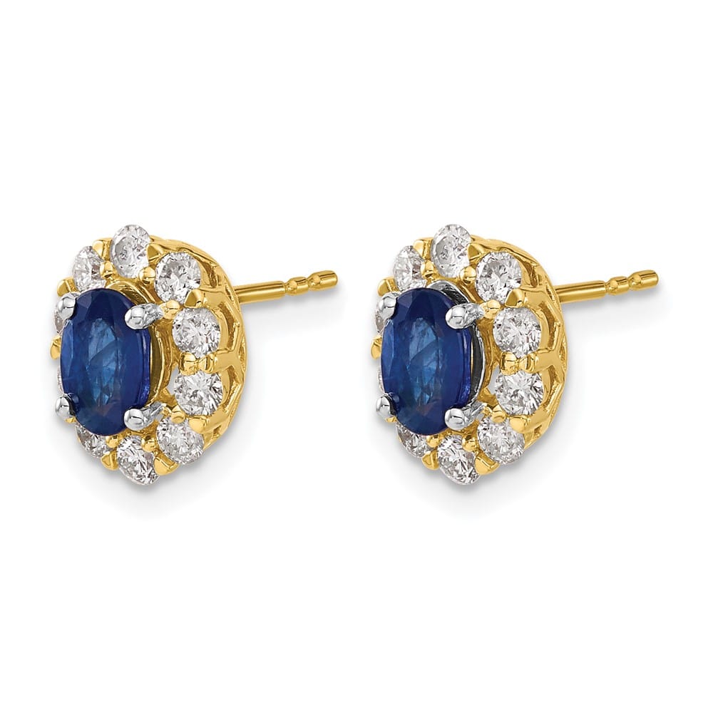 14K Yellow Gold Oval Sapphire and 3/4 carat Diamond Halo Post Earrings, view 2 of 4