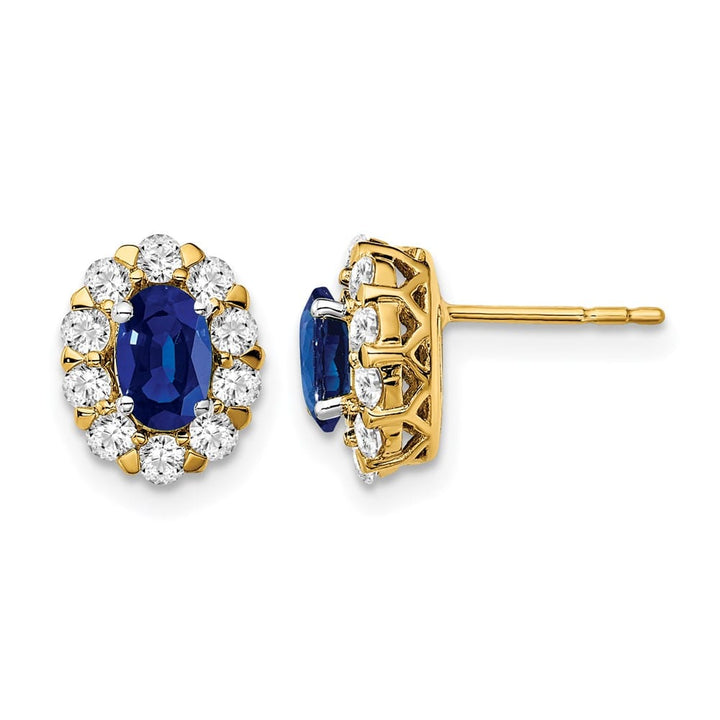 14K Yellow Gold Oval Sapphire and 3/4 carat Diamond Halo Post Earrings, view 1 of 4