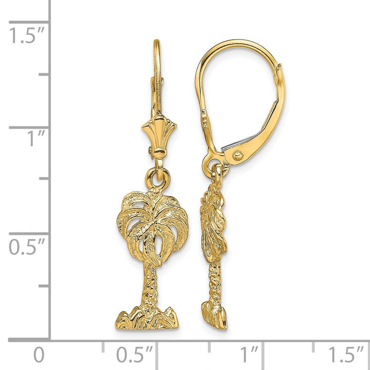 14K Yellow Gold Palm Tree Dangle Leverback Earrings, view 4 of 4