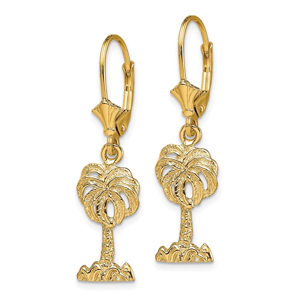 14K Yellow Gold Palm Tree Dangle Leverback Earrings, view 2 of 4