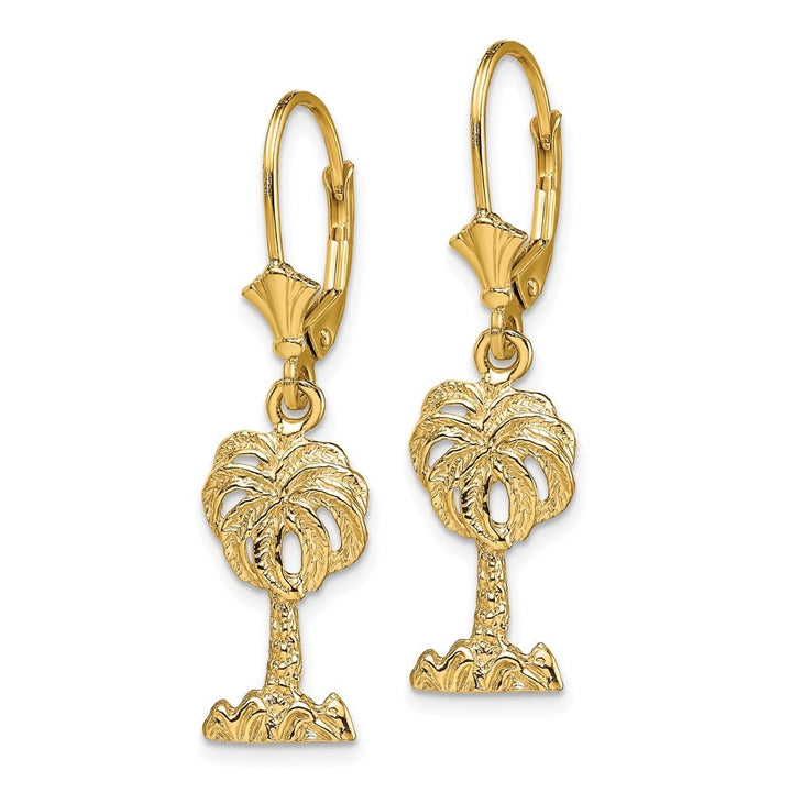 14K Yellow Gold Palm Tree Dangle Leverback Earrings, view 2 of 4