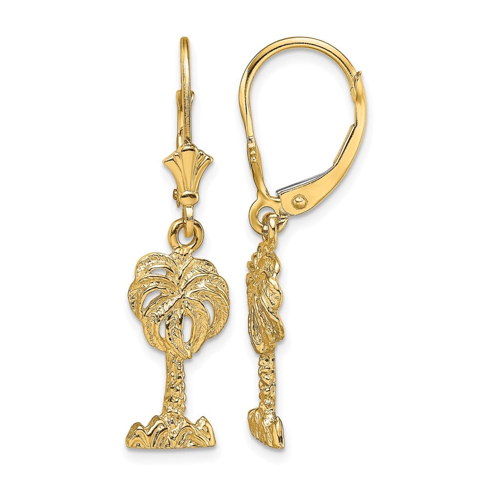 14K Yellow Gold Palm Tree Dangle Leverback Earrings, view 1 of 4