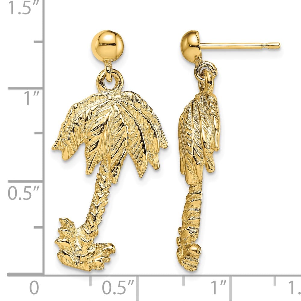 14K Yellow Gold Palm Tree Dangle Post Earrings, view 4 of 4