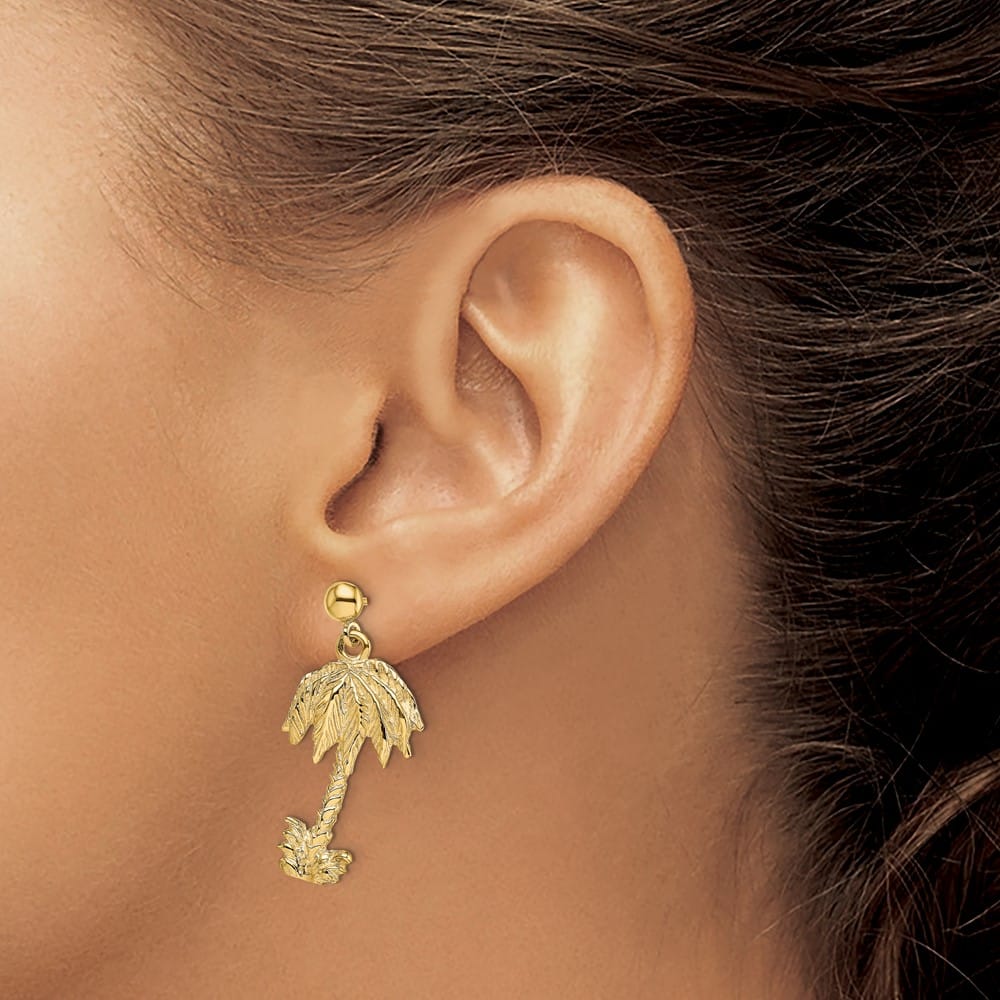 14K Yellow Gold Palm Tree Dangle Post Earrings, view 3 of 4