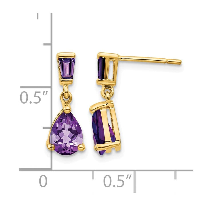 14K Yellow Gold Pear/Baguette Amethyst Dangle Post Earrings, view 4 of 4