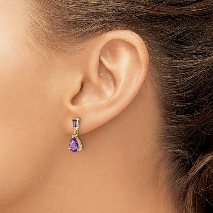 14K Yellow Gold Pear/Baguette Amethyst Dangle Post Earrings, view 3 of 4