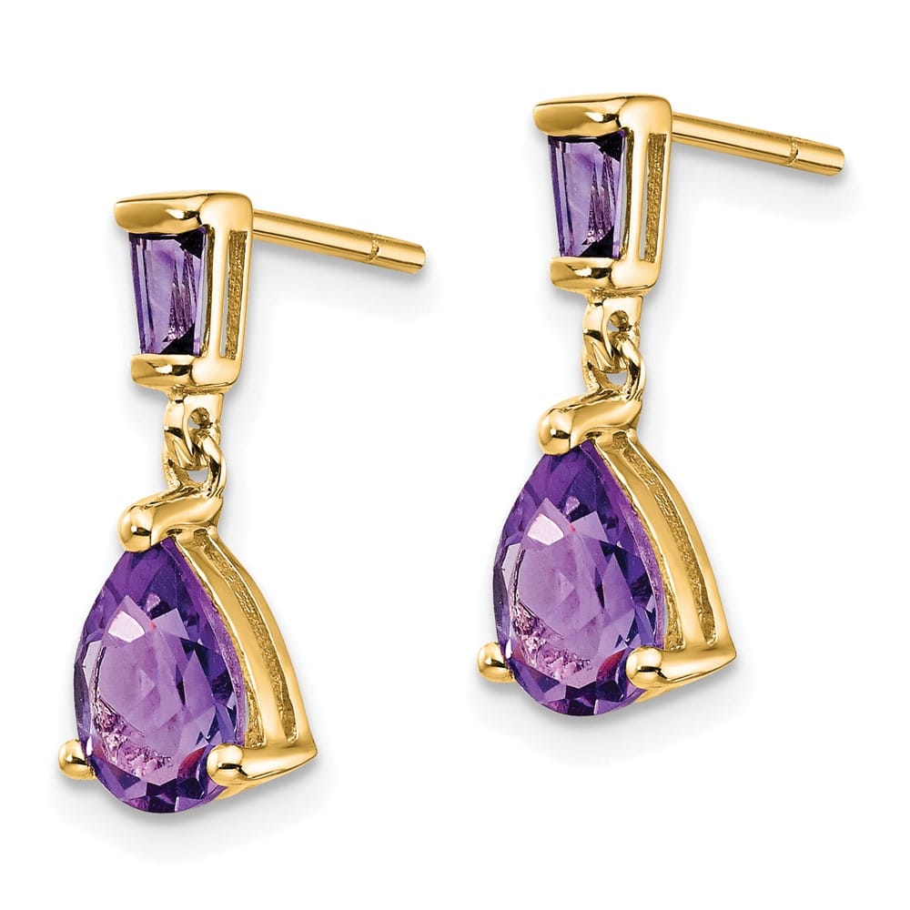 14K Yellow Gold Pear/Baguette Amethyst Dangle Post Earrings, view 2 of 4