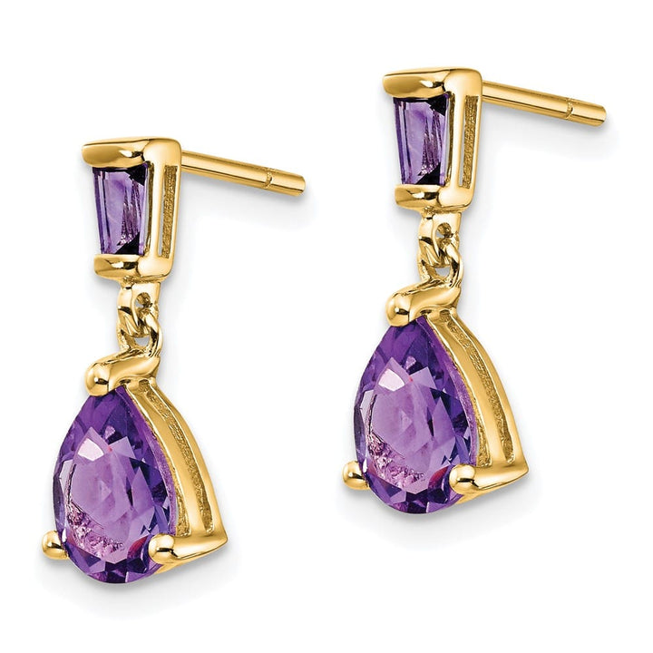 14K Yellow Gold Pear/Baguette Amethyst Dangle Post Earrings, view 2 of 4