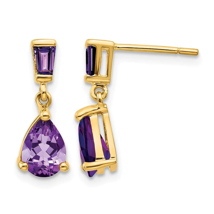 14K Yellow Gold Pear/Baguette Amethyst Dangle Post Earrings, view 1 of 4