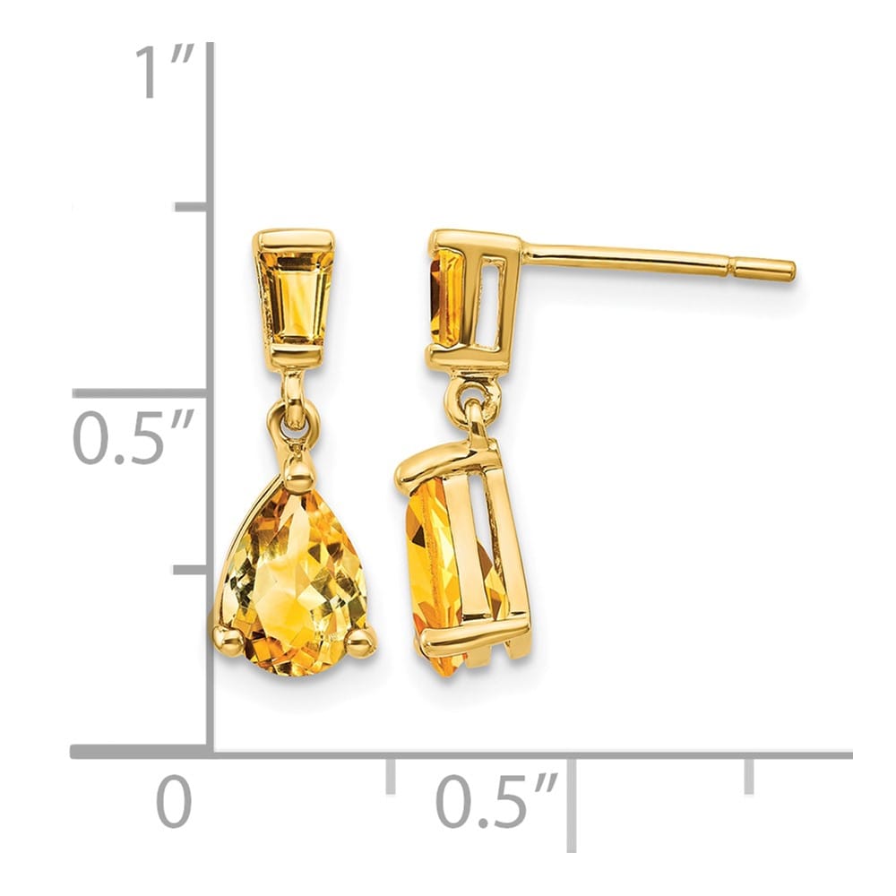 14K Yellow Gold Pear/Baguette Citrine Dangle Post Earrings