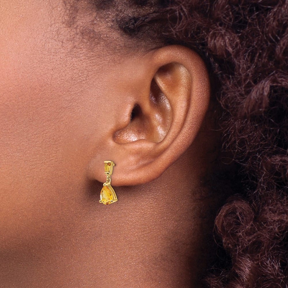 14K Yellow Gold Pear/Baguette Citrine Dangle Post Earrings