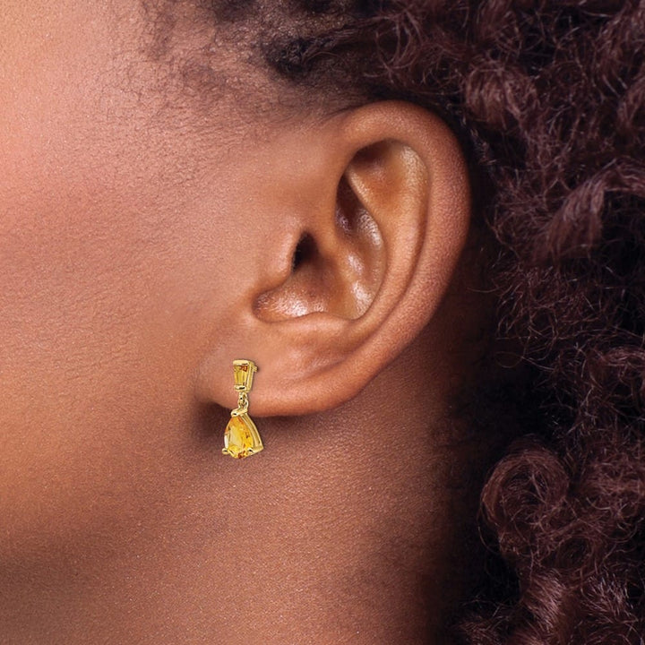 14K Yellow Gold Pear/Baguette Citrine Dangle Post Earrings