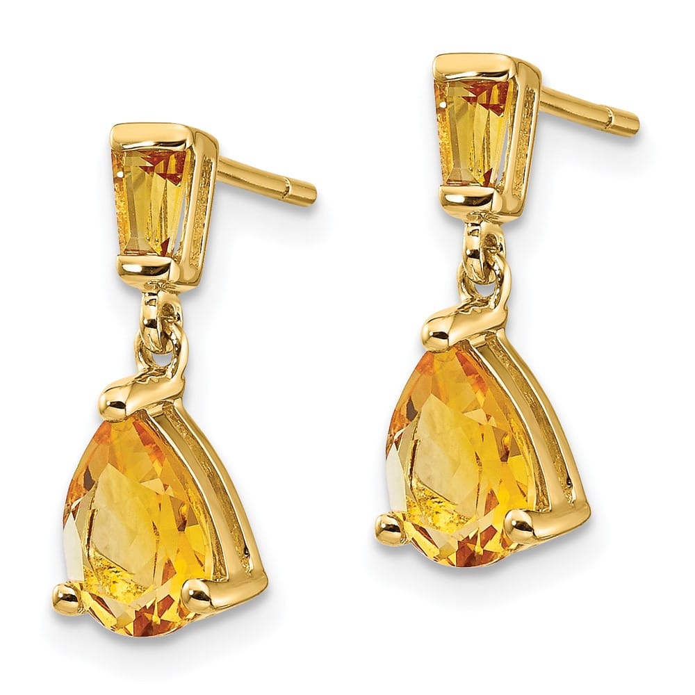 14K Yellow Gold Pear/Baguette Citrine Dangle Post Earrings