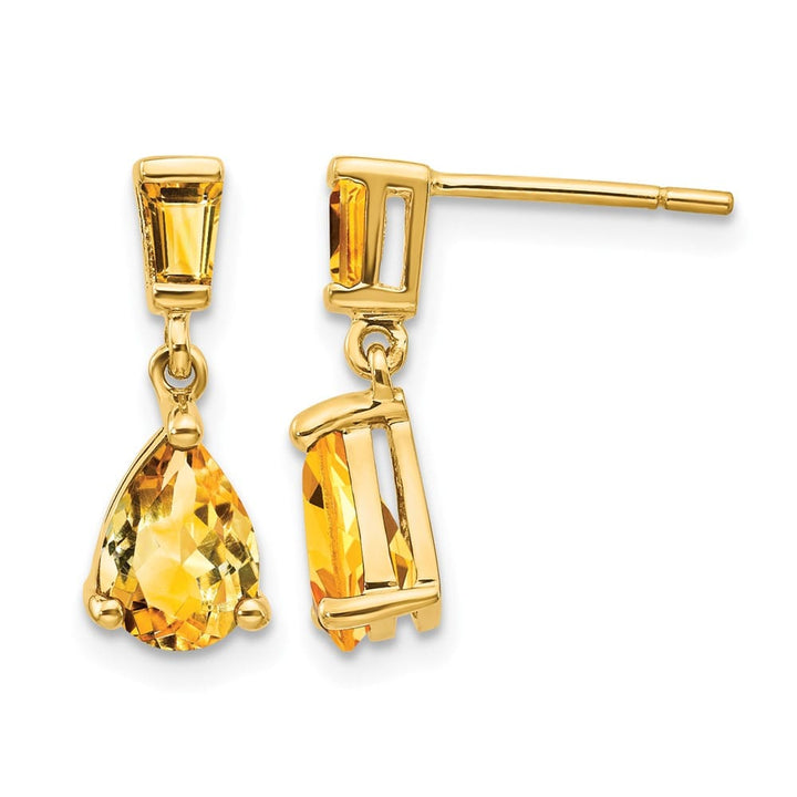 14K Yellow Gold Pear/Baguette Citrine Dangle Post Earrings
