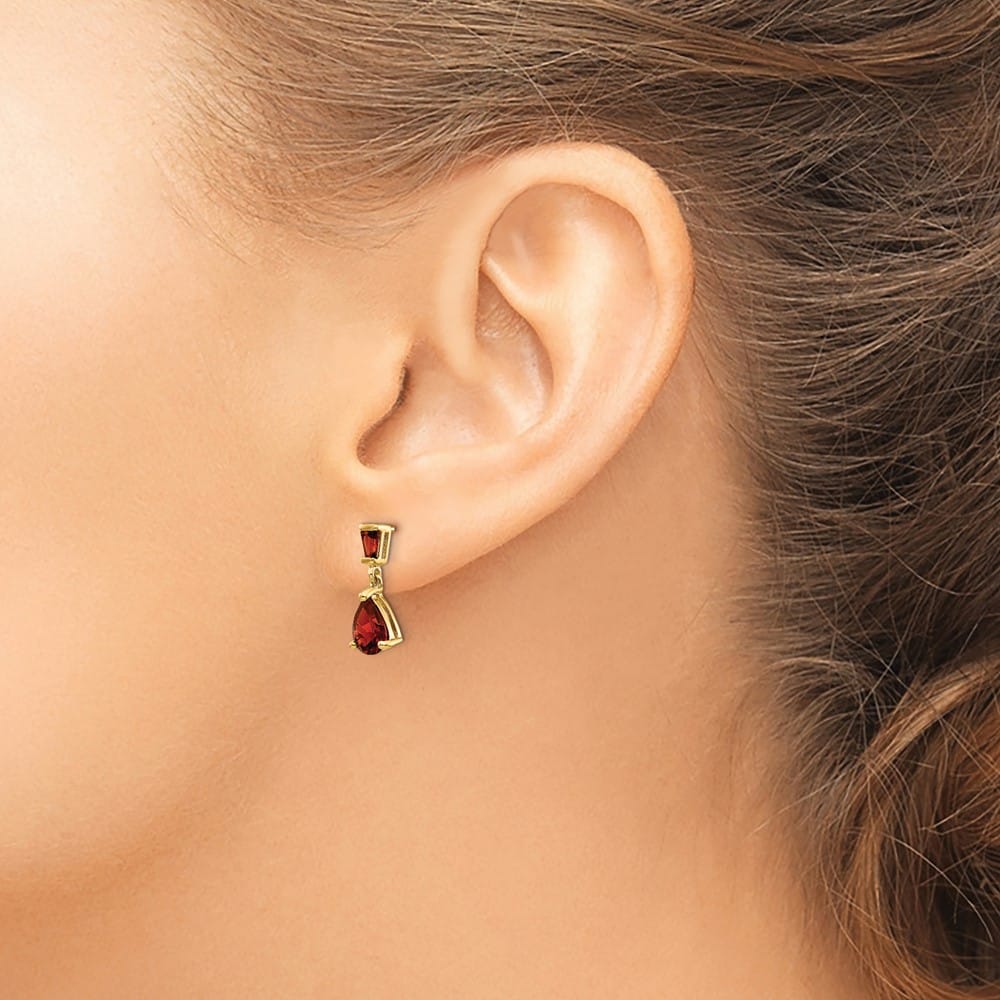 14K Yellow Gold Pear/Baguette Garnet Dangle Post Earrings, view 3 of 4