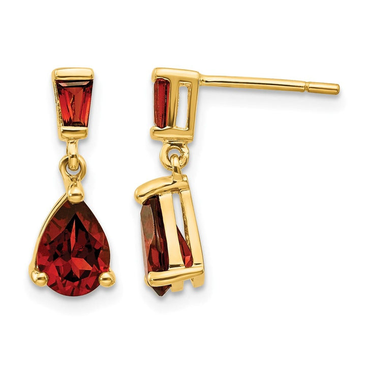14K Yellow Gold Pear/Baguette Garnet Dangle Post Earrings, view 1 of 4