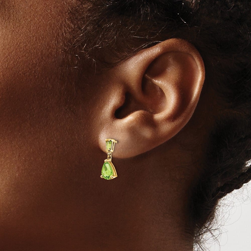 14K Yellow Gold Pear/Baguette Peridot Dangle Post Earrings, view 3 of 4