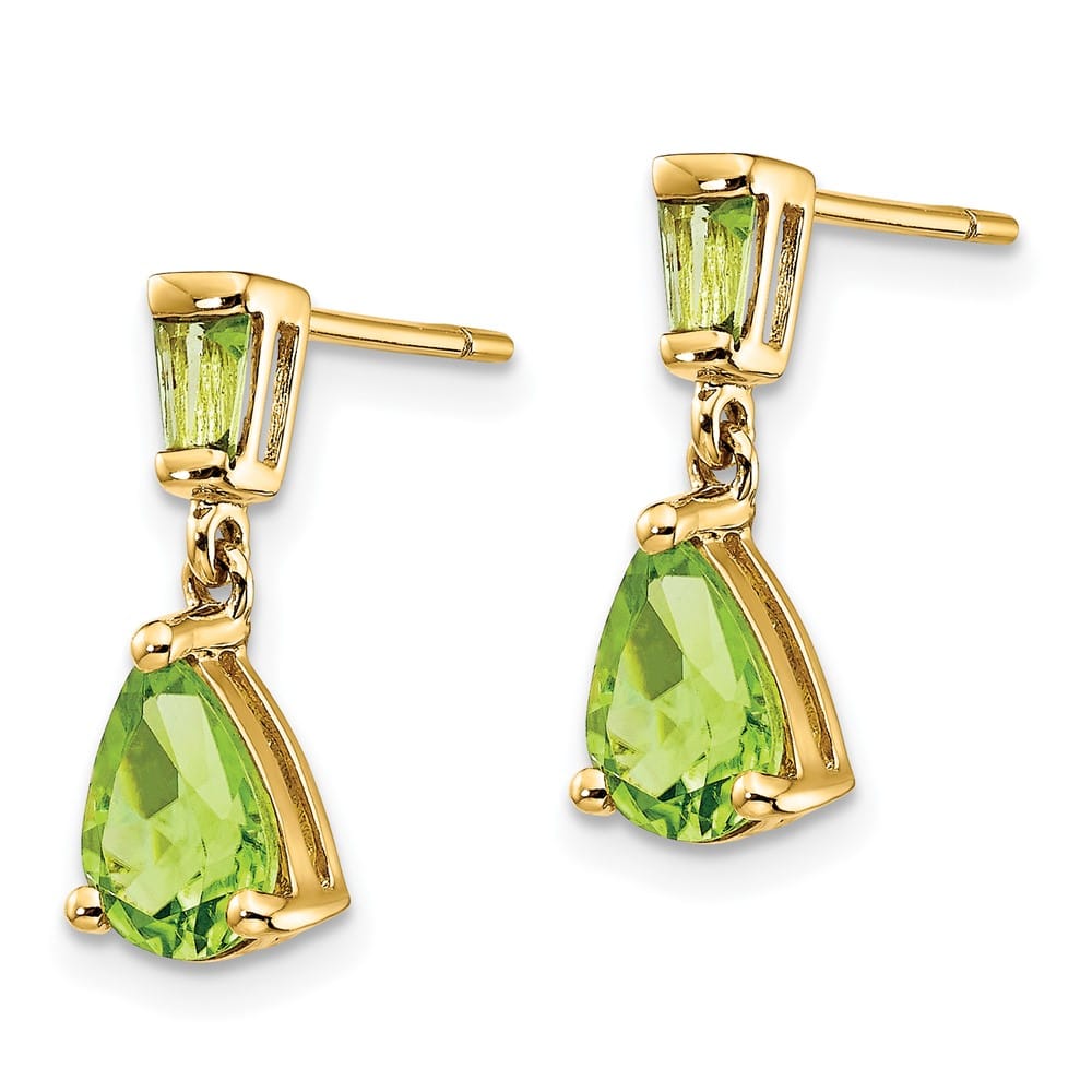 14K Yellow Gold Pear/Baguette Peridot Dangle Post Earrings, view 2 of 4