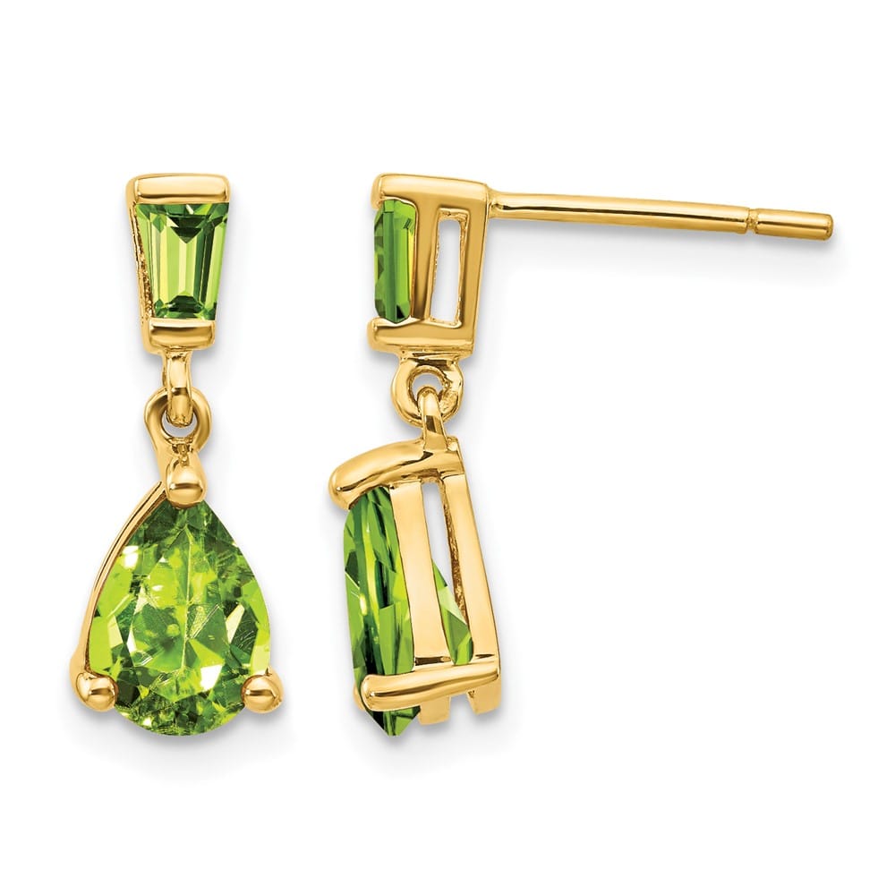 14K Yellow Gold Pear/Baguette Peridot Dangle Post Earrings, view 1 of 4