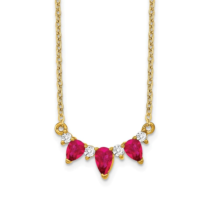 14K Yellow Gold Pear Ruby and Diamond 18 Inch Necklace