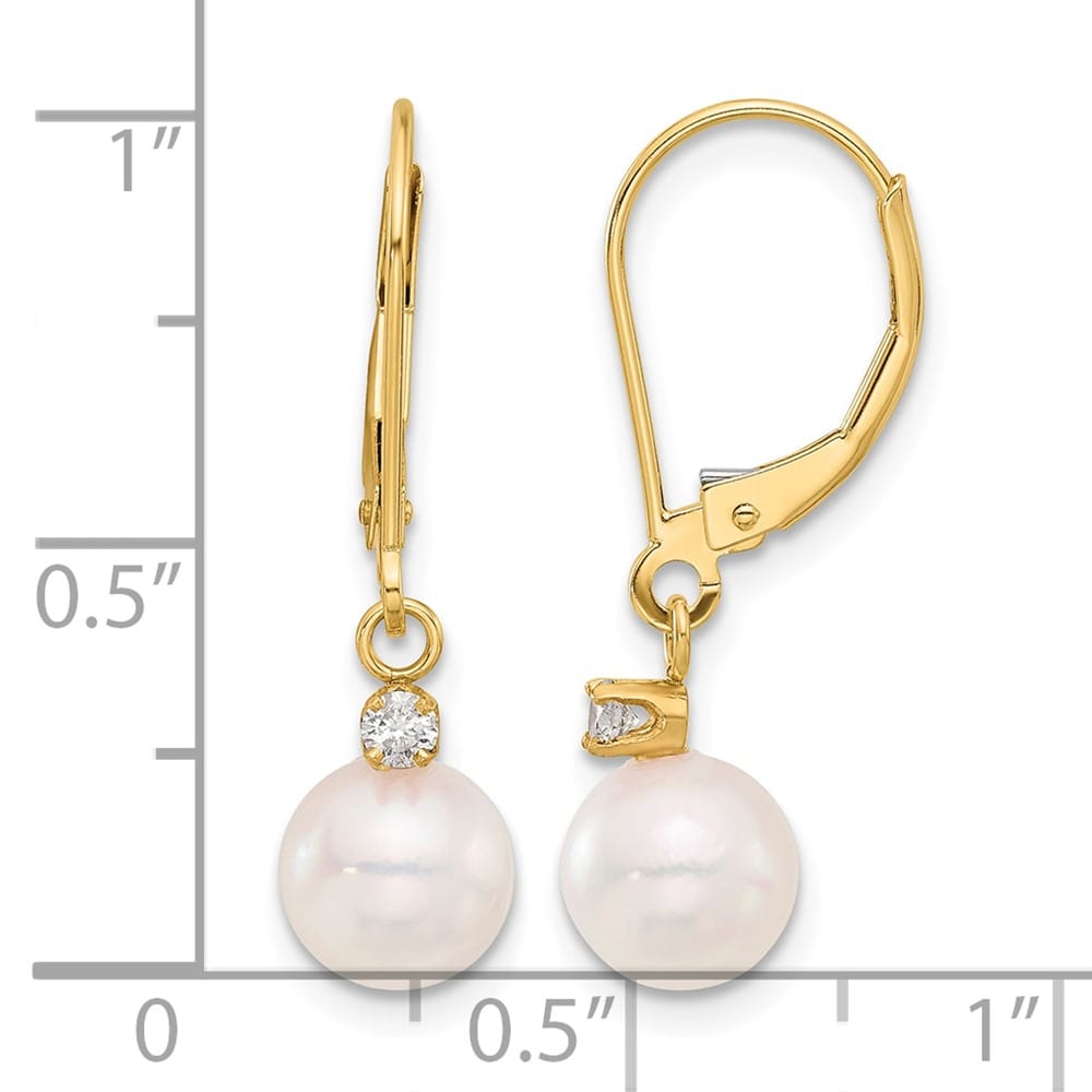 14K Yellow Gold Pearl .10 Carat Diamond Dangle Leverback Earrings, view 4 of 4