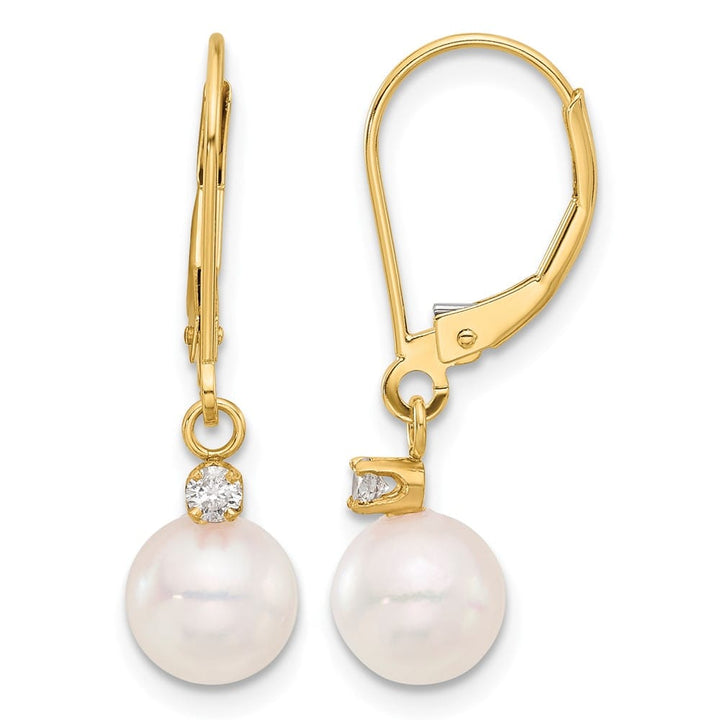 14K Yellow Gold Pearl .10 Carat Diamond Dangle Leverback Earrings, view 1 of 4