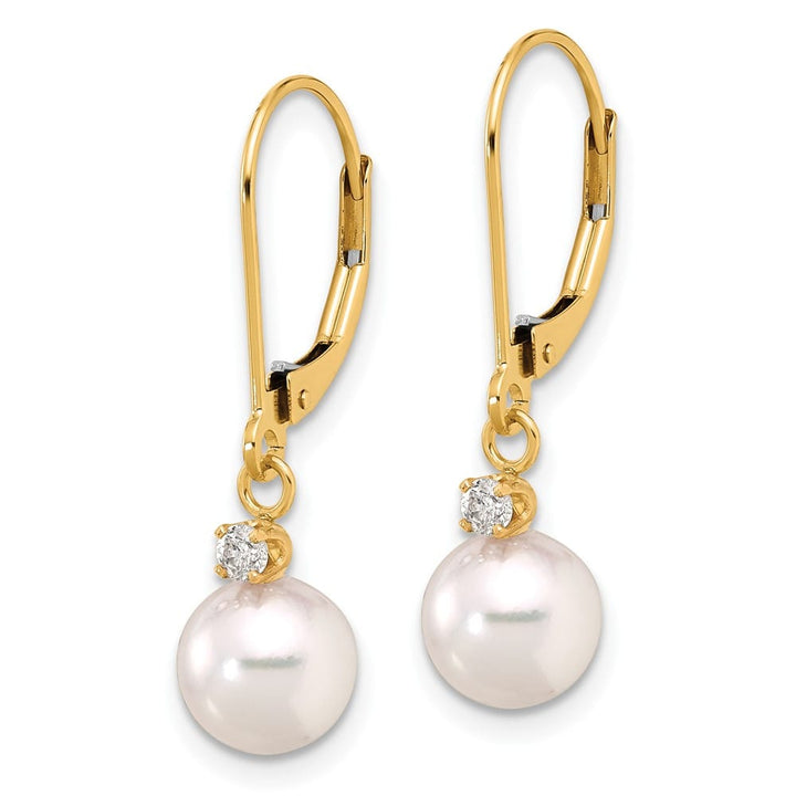 14K Yellow Gold Pearl .10 Carat Diamond Dangle Leverback Earrings, view 2 of 4