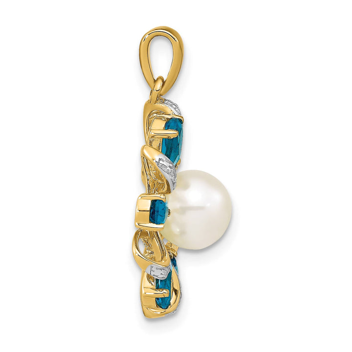 14K Yellow Gold Pearl London Blue Topaz and Diamond Pendant