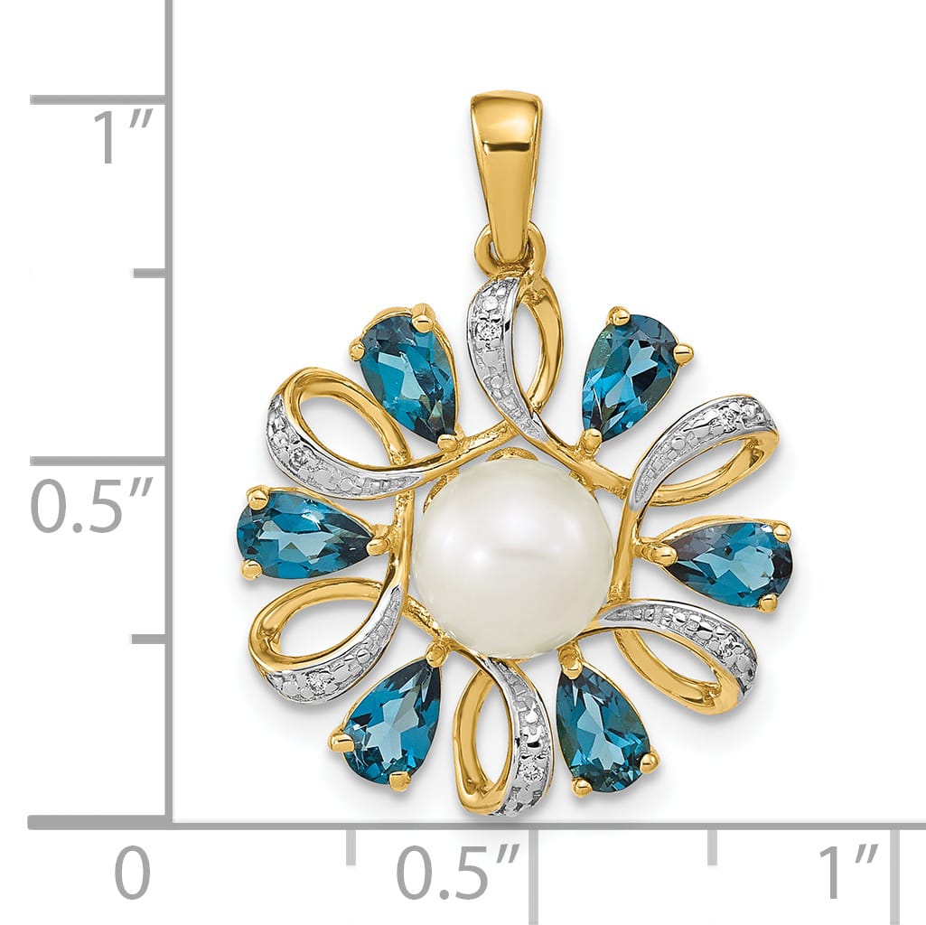 14K Yellow Gold Pearl London Blue Topaz and Diamond Pendant