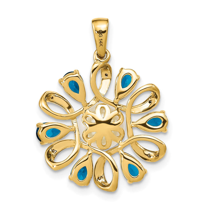 14K Yellow Gold Pearl London Blue Topaz and Diamond Pendant
