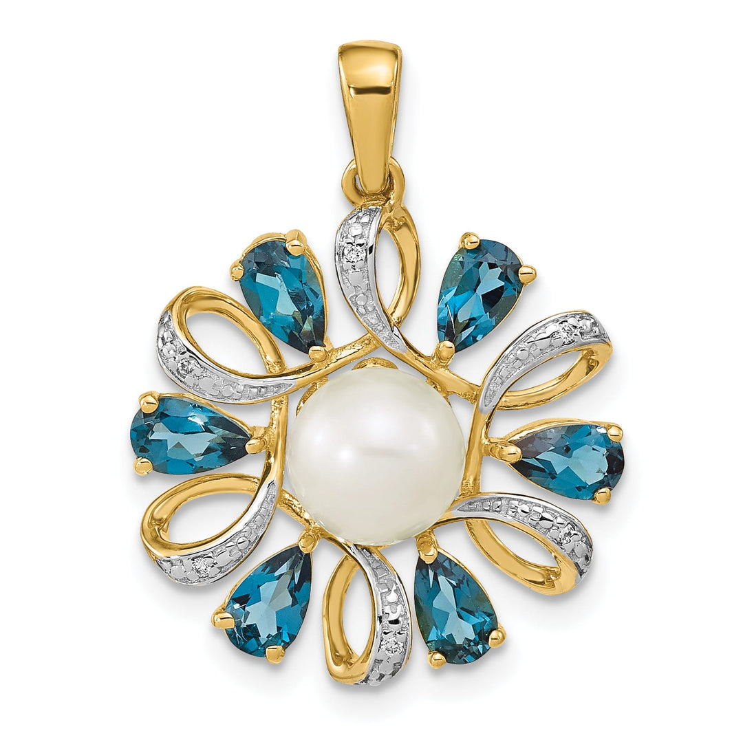 14K Yellow Gold Pearl London Blue Topaz and Diamond Pendant