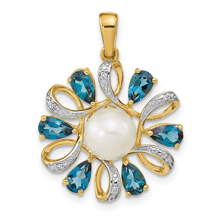 14K Yellow Gold Pearl London Blue Topaz and Diamond Pendant