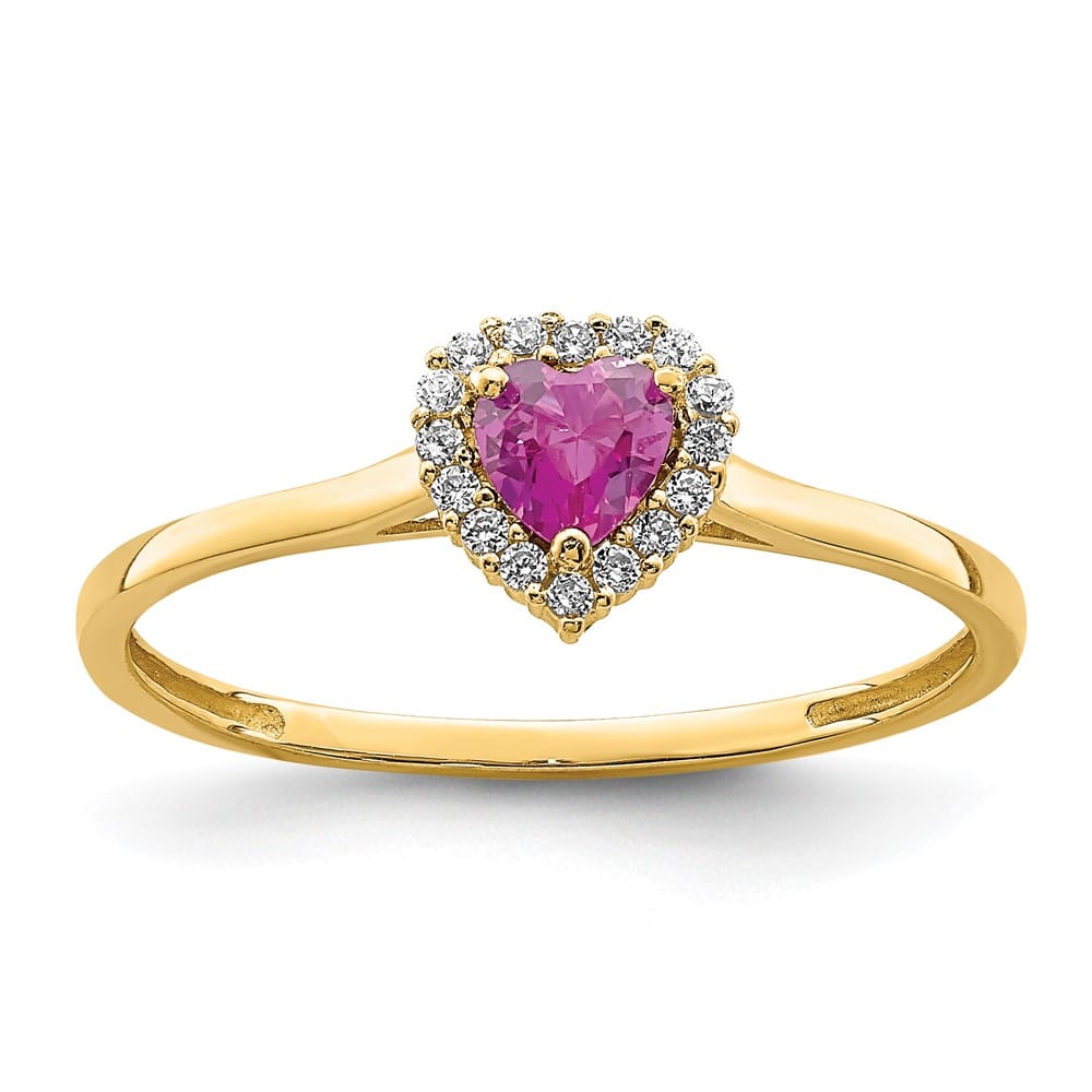 14k Yellow Gold Pink and Clear CZ Halo Heart Ring
