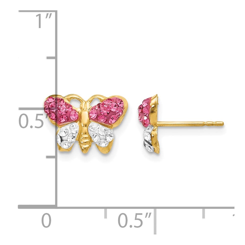 14K Yellow Gold Pink and White Crystal Butterfly Post Earrings, view 4 of 4