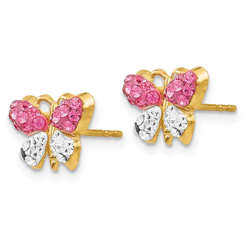 14K Yellow Gold Pink and White Crystal Butterfly Post Earrings, view 2 of 4