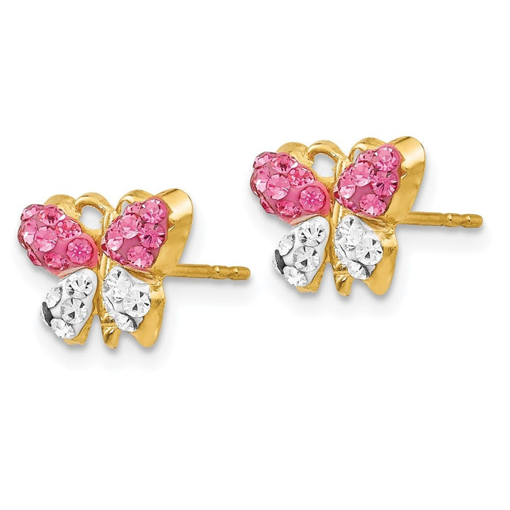 14K Yellow Gold Pink and White Crystal Butterfly Post Earrings, view 2 of 4
