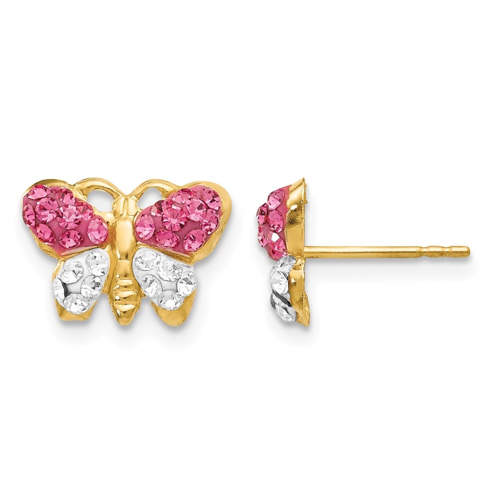 14K Yellow Gold Pink and White Crystal Butterfly Post Earrings, view 1 of 4