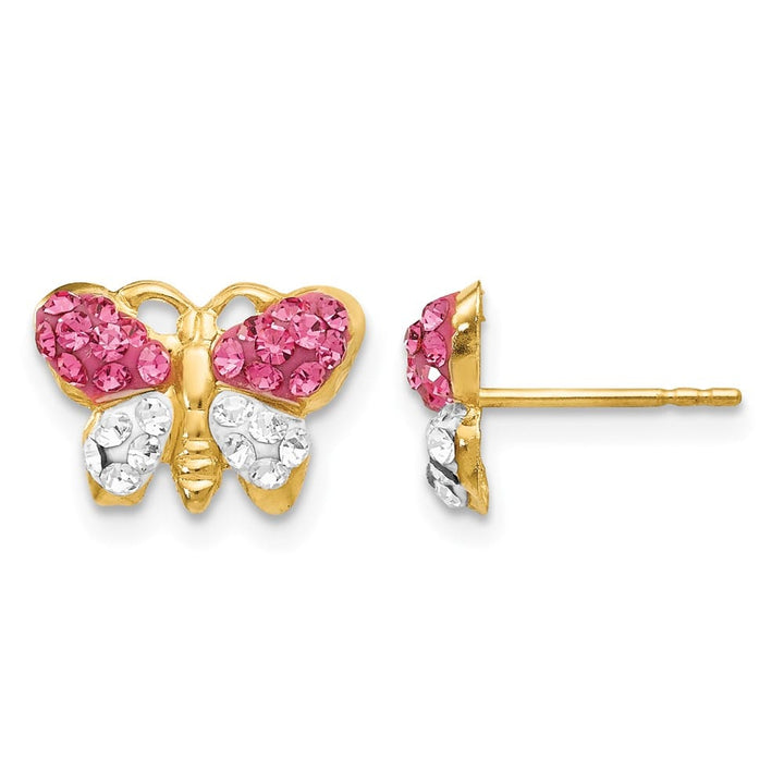 14K Yellow Gold Pink and White Crystal Butterfly Post Earrings, view 1 of 4