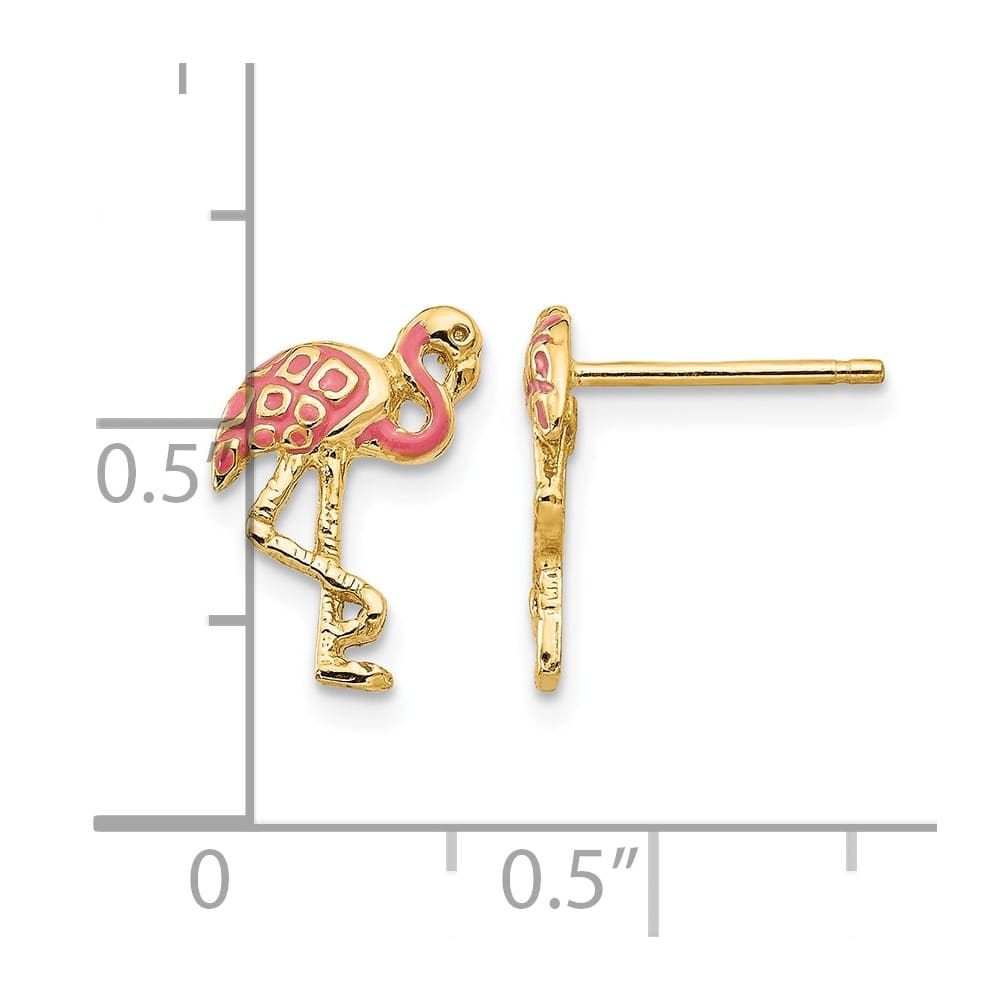 14K Yellow Gold Pink Enameled Flamingo Post Earrings, view 4 of 4
