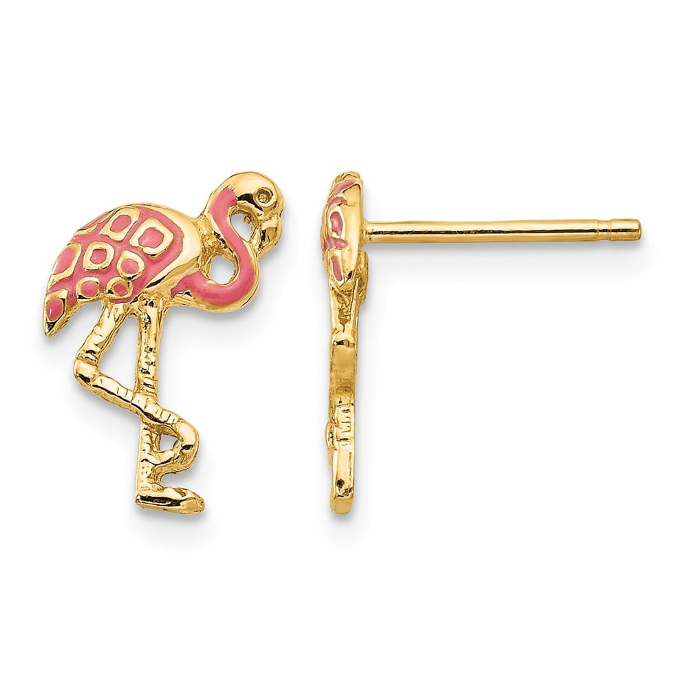14K Yellow Gold Pink Enameled Flamingo Post Earrings, view 1 of 4