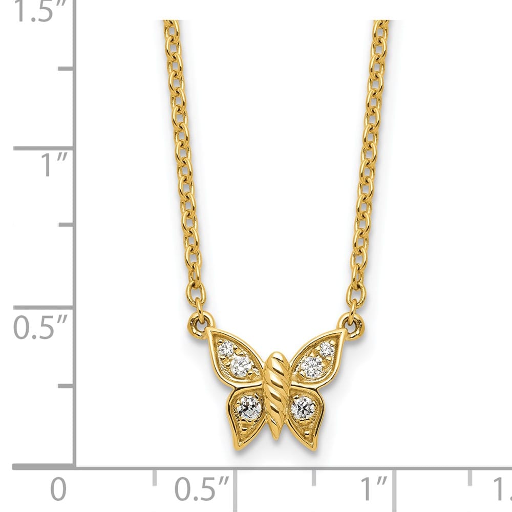 14K Yellow Gold Polished 1/10 carat Diamond Butterfly 18 inch Necklace