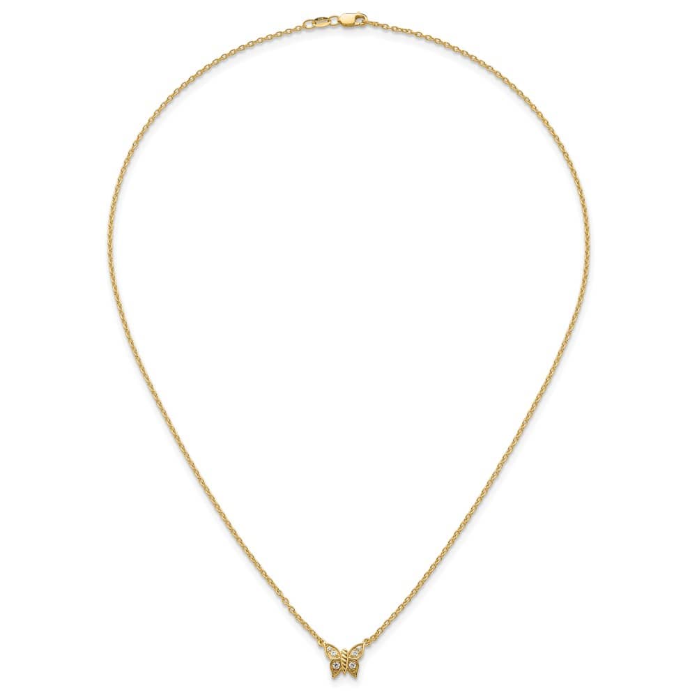 14K Yellow Gold Polished 1/10 carat Diamond Butterfly 18 inch Necklace