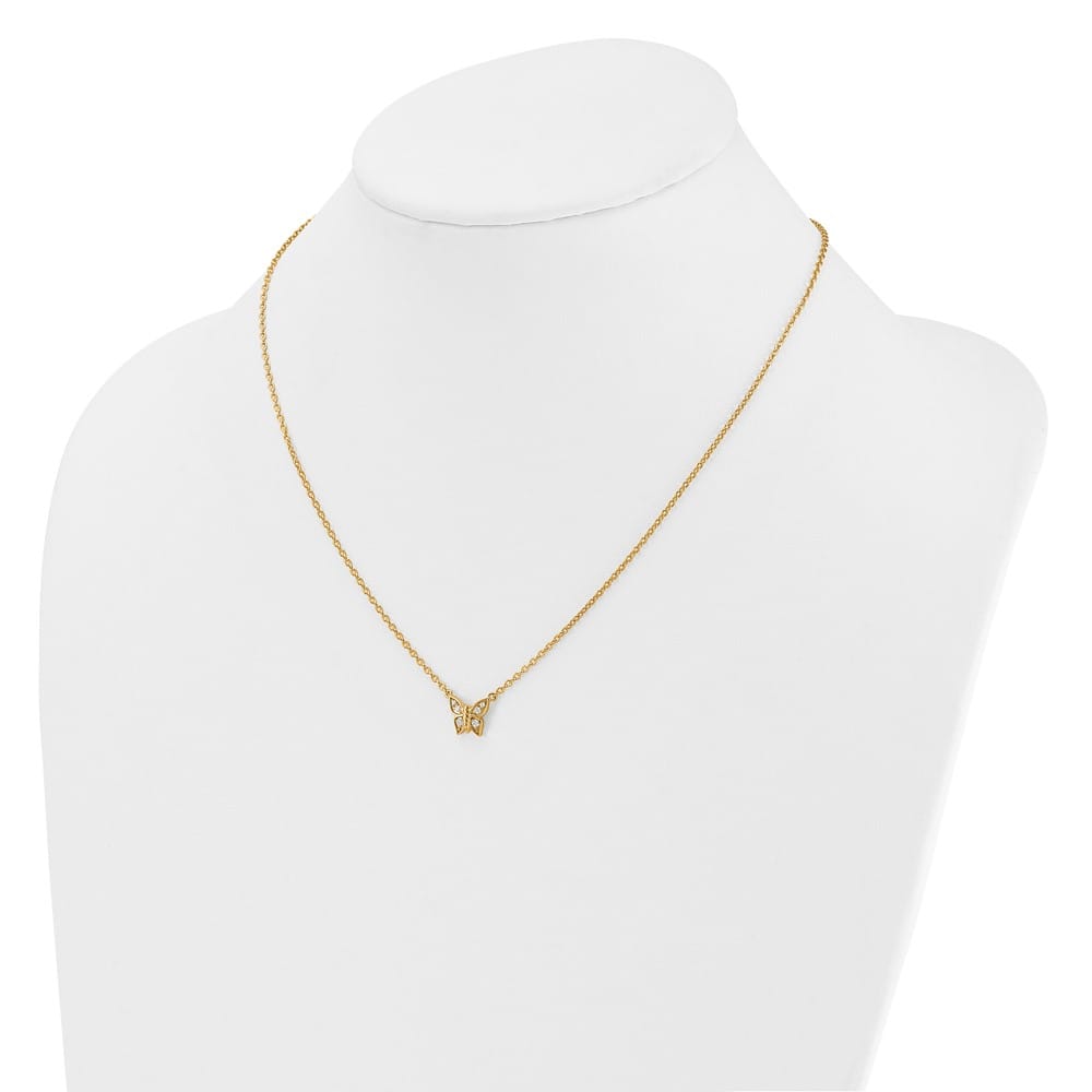 14K Yellow Gold Polished 1/10 carat Diamond Butterfly 18 inch Necklace