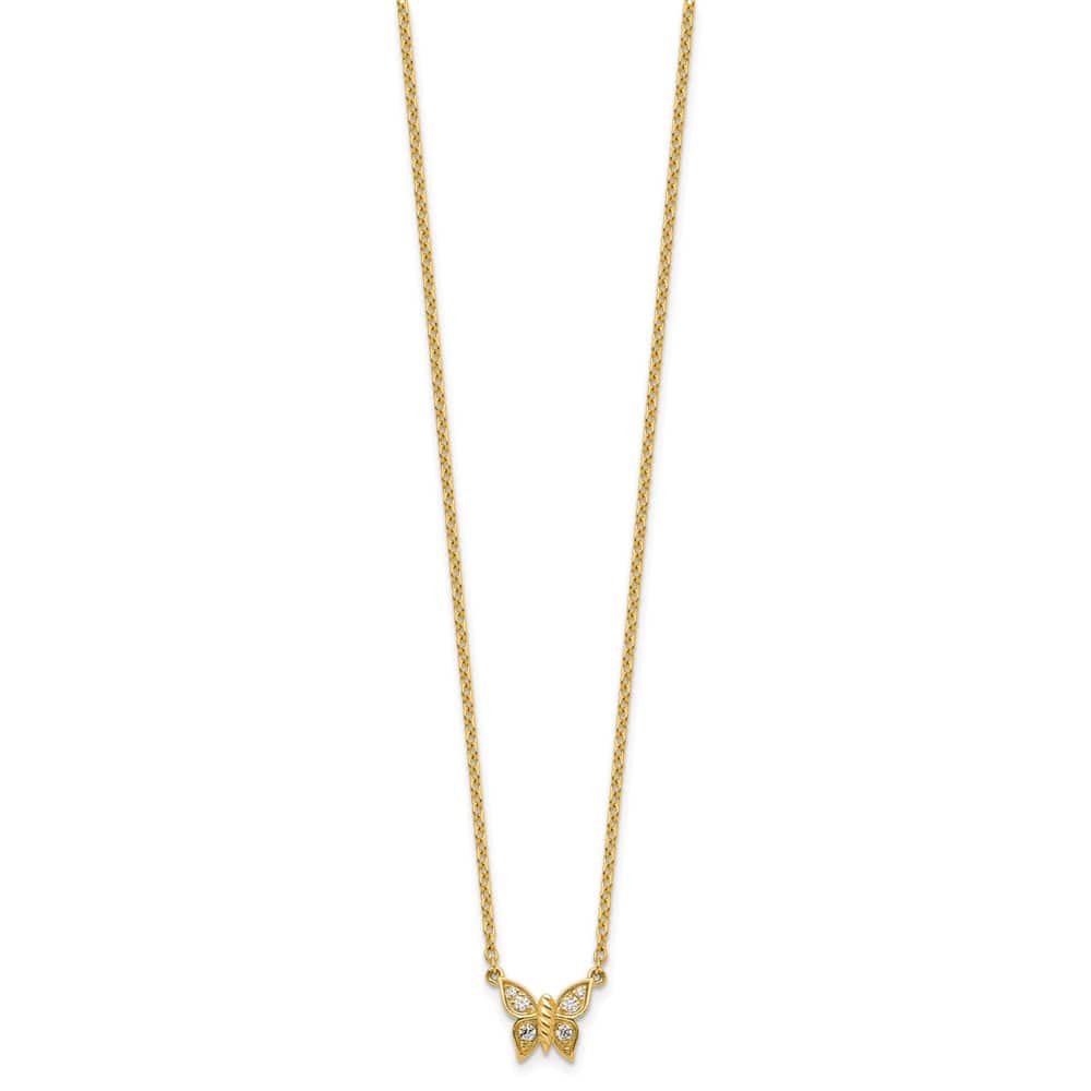 14K Yellow Gold Polished 1/10 carat Diamond Butterfly 18 inch Necklace