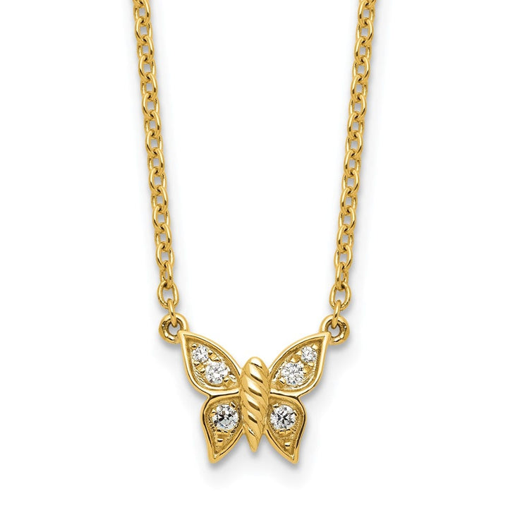 14K Yellow Gold Polished 1/10 carat Diamond Butterfly 18 inch Necklace